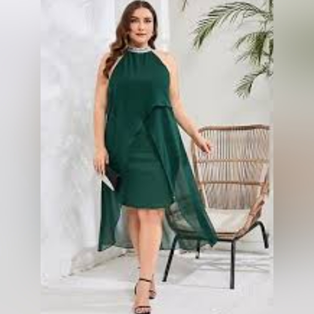 New! Womens XL Green Chiffon Silver Sequin Halter Formal Flowy Dress
